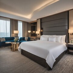 Luxury hotel suite with modern design, comfortable bedding, and elegant decor 