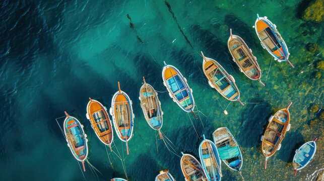 AERIAL: Cinamatic fleet of fishing boats rest in calm waters of picturesque sea in the summer. Boats with fishing poles sticking out to the sides patiently wait to catch fish out of the tranquil ocean