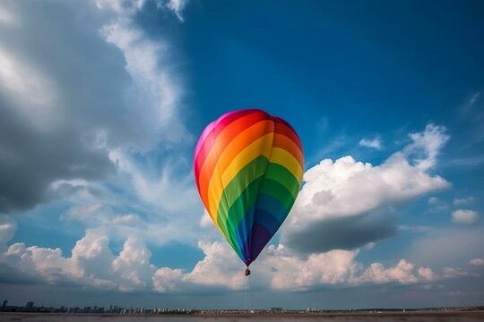 Multicolored balloon against cloudy sky. LGBTQ rights, love, freedom. Generative AI
