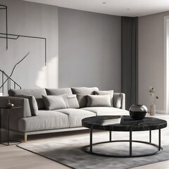Modern living room interior, modern design pristine black marble table, Blurred Background, sofa, back modern living room, bold, minimalist, modern living interior