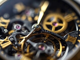 Mechanical watch inside with spring mechanism and gears rotating extreme macro.