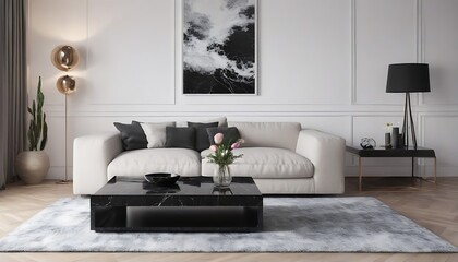 Modern living room interior, modern design pristine black marble table, Blurred Background, sofa, back modern living room, bold, minimalist, modern living interior