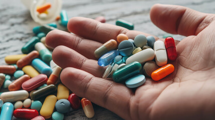 Close-up of a person's hand holding a variety of pills and capsules