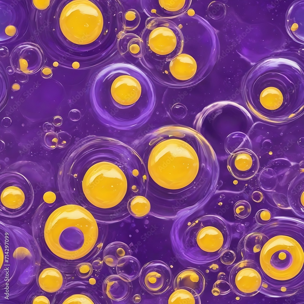 Poster purple and yellow soap bubbles in paint create an abstract design suitable for a colorful background