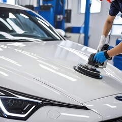 Process of polishing white car hood surface using orbital polishing machine.