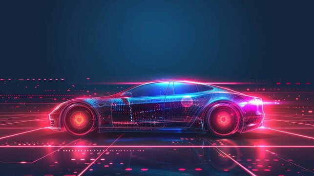 Automotive diagnostics in digital futuristic style. ?oncept for auto future or the development of innovations and technologies in vehicles. Vector illustration with light effect and neon  