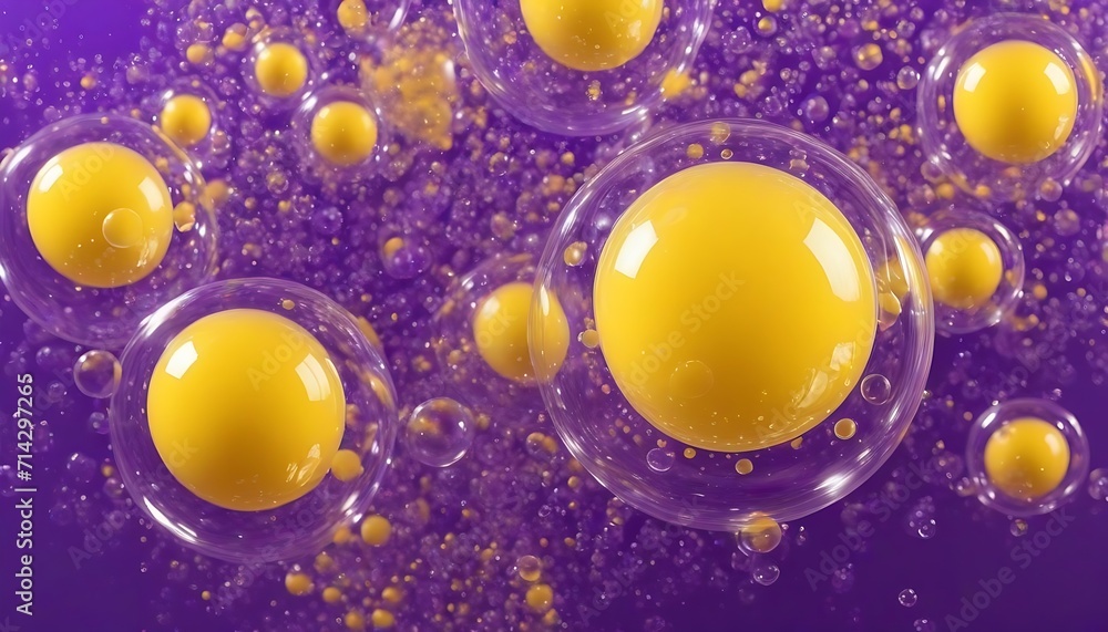 Poster purple and yellow soap bubbles in paint create an abstract design suitable for a colorful background