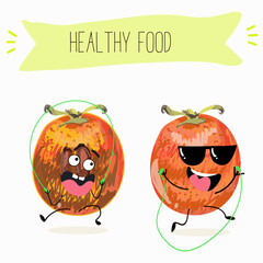 Cute  cartoon persimmon characters with different activities. Flat vector illustration, funny fruits. Organic food.