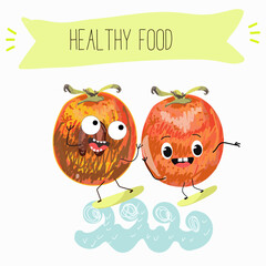 Cute  cartoon persimmon characters with different activities. Flat vector illustration, funny fruits. Organic food.