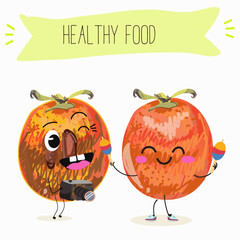Cute  cartoon persimmon characters with different activities. Flat vector illustration, funny fruits. Organic food.