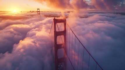 Breathtaking aerial of cinematic Golden Gate at sunset. Cars driving by red bridge covered in scenic clouds. Karl the Fog drifting below red bridge main landmark of San Francisco California USA 4K   