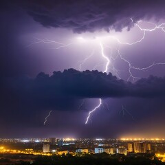 Storm, lightning over the city at night Thunderstorm light the dark cloudy sky.