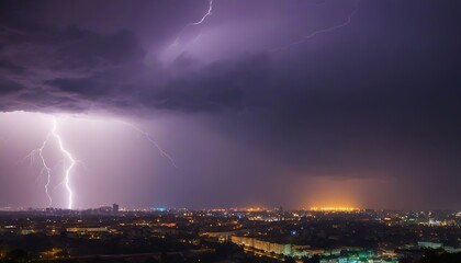 Naklejka na ściany i meble Storm, lightning over the city at night Thunderstorm light the dark cloudy sky.