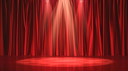 Curtain on stage. Red background with spotlight in theater or cinema. Red closed velvet curtain for circus, theatre, scene and club. Background wirh light of projector for ceremony on broadway. Vector