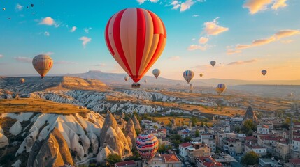 Drone - Hot Air Balloons, Cappadocia, Turkey 2023 - Flying towards red and white air balloon high with others over the city   