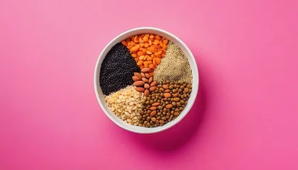 Fotobehang Various superfoods in smal bowl on colored background. Superfood as rice, chia, quinoa, lentils, nuts, sesame seeds, almonds. Top view copy space © Antonio Giordano