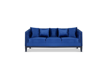 Blue fabric sofa on brushed metal legs with pillows isolated on white background