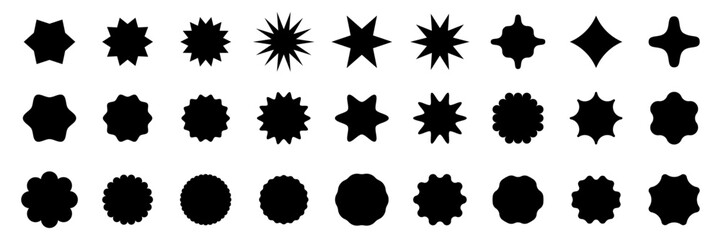 Brutalist starburst shapes for swiss minimal style design. Constructor of trendy geometric postmodern primitive star figures. Vector illustration of sunburst stickers