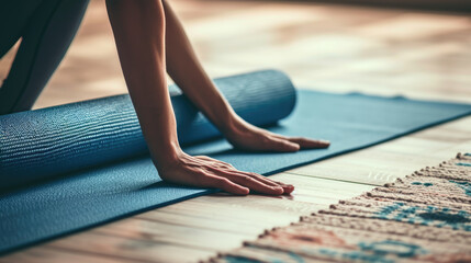 Close-up hands are rolling up a blue yoga mat on a wooden floor, suggesting the end of a yoga practice or fitness session. - obrazy, fototapety, plakaty
