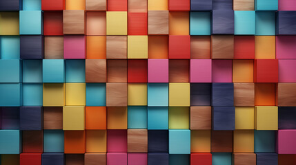 Header image or cover image for something creative or diverse. Wide format background of wooden blocks. A Spectrum of multi-colored wooden blocks aligned