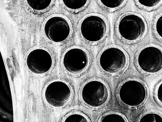Central firing chamber of a plate and tube boiler that is open for maintenance and repair. 