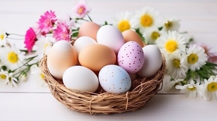 Easter basket with eggs and spring flowers on a white wooden background, a nest with painted eggs. Festive background, greeting card.happy Easter. Easter background with space to copy.