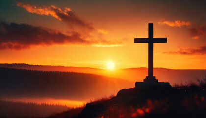 Silhouette of Cross at Sunrise: A Symbol of Christian Faith and Resurrection