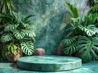 Nature's Pedestal: Sleek Podium Against Jungle Backdrop with Monstera - 3D Render for Organic Product Presentation