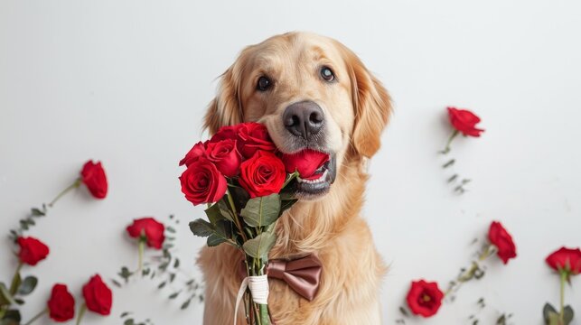The dog holds a bouquet of roses in his mouth. Golden Retriever in a bow tie sits on a white background with flowers. Postcard for birthday, wedding, valentine's day, eighth of march.     