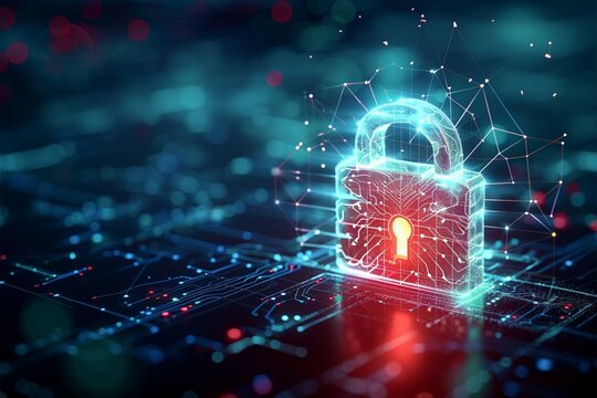 Digital security padlock symbolizing protection on a network backdrop