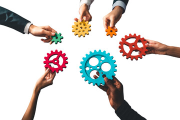 Business team work together and combine pieces of gears. Partnership and integration concept