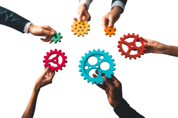 Business team work together and combine pieces of gears. Partnership and integration concept
