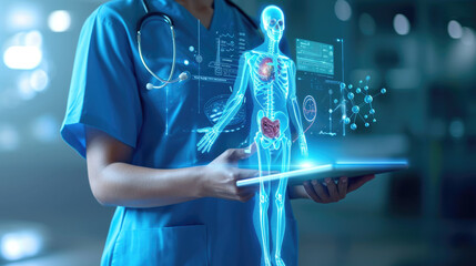 Healthcare professional is using a tablet that displays a holographic projection of a human anatomy model, showcasing various internal systems.