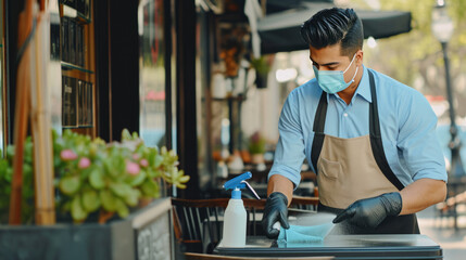Waiter wearing a face mask and gloves is cleaning and disinfecting a table at an outdoor cafe - obrazy, fototapety, plakaty