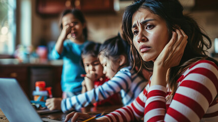 Stressed woman sitting at a table in front of a laptop, holding her head in her hands, with children in the background, reflecting the challenges of balancing work and childcare at home. - obrazy, fototapety, plakaty