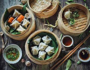 Dim Sum, a Chinese culinary treasure, features small, flavorful, and steamed delights, crafted with authenticity and served in bamboo baskets for a harmonious gastronomic experience. AI generation