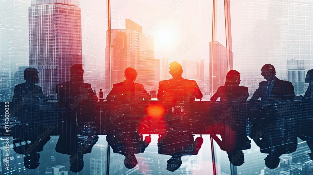Aufkleber group of executives having a meeting at a table with cityscape generative ai