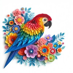 Fototapeta premium Immerse yourself in the artful world of kirigami with a vibrant parrot against a backdrop of colorful flowers. Isolated on white, this masterpiece combines precision and elegance