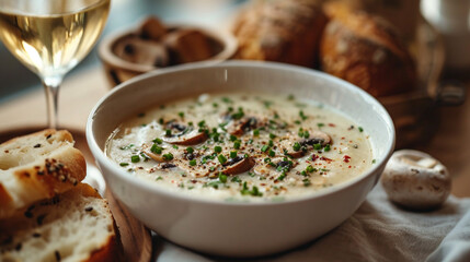On a white table, a plate of cream of mushroom soup, a glass of white wine, a rustic basket of rustic bread, and homemade food. Nice background.