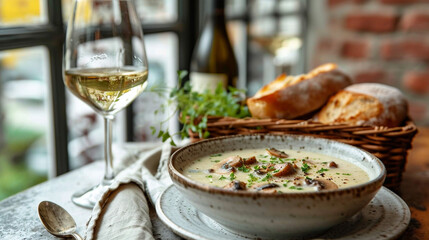 On a white table, a plate of cream of mushroom soup, a glass of white wine, a rustic basket of rustic bread, and homemade food. Nice background.