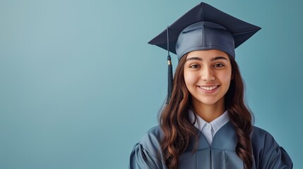 Beautiful latino or hispanic girl in blue graduate cap and clothes with tassel as college graduation poster or banner on neutral light blue background with copyspace
