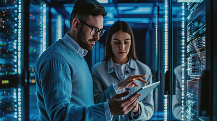 Male and a female IT professional in a data center, with the woman holding a tablet and the man observing, likely collaborating on a task.