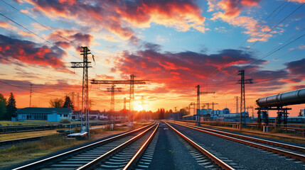 Fototapeta na wymiar Railroad in motion at sunset. AI Generative.