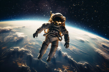 astronaut in space with curvature of planet earth in the background
