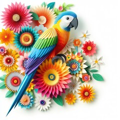 Immerse yourself in the artful world of kirigami with a vibrant parrot against a backdrop of colorful flowers. Isolated on white, this masterpiece combines precision and elegance