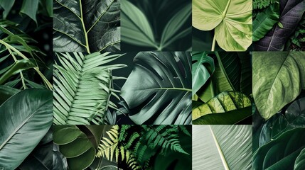 A collage of various tropical leaves in multiple shades of green, overlapping to form an abstract