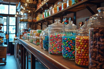 Vintage candy shop with colorful jars and sweet aromas
