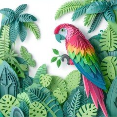 Immerse yourself in the artful world of kirigami with a vibrant parrot against a backdrop of colorful flowers. Isolated on white, this masterpiece combines precision and elegance