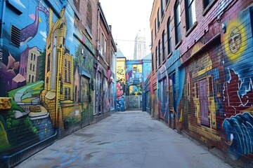 Fototapeta na wymiar Animated street art alley with 3d murals