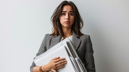 Woman in a business suit looking overwhelmed or stressed while holding a large stack of binders or folders.